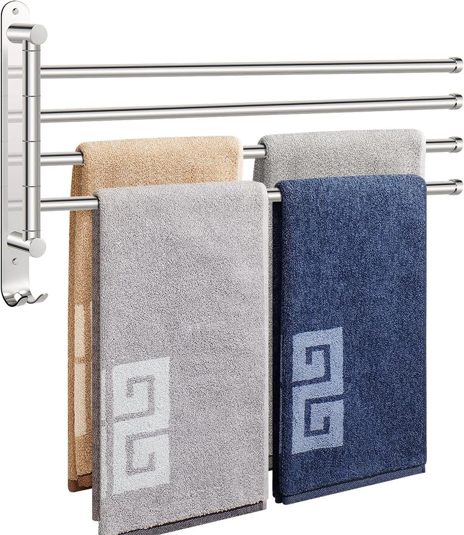 NearMoon Swivel Towel Rack, 19.5" Thicken 304 Stainless Steel 4-Arm Towel Bar, Space Saving Wall Mounted Towel Holder with Hook, Rustproof Swing Out Towel Hanger for Bathroom, Kitchen (Chrome Finish)