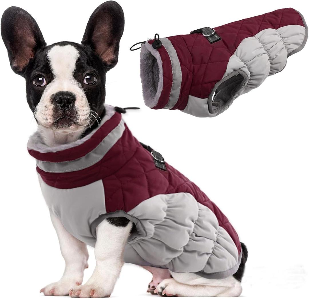 Lelepet Dog Coat Warm Dog Winter Coat Waterproof Dogs Jacket with Harness Built in Reflective Pet Fleece Vest Zip-Up Cold Weather Coats for Medium Dogs Turtleneck Windproof Coats Dachshund Red M (Burgundy)