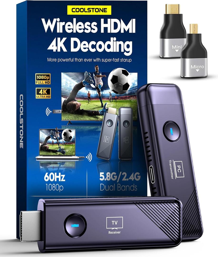 Wireless HDMI Transmitter and Receiver 4K Decode 1080P@60Hz Output,Plug & Play 5.8G+2.4G Wireless HDMI Remote Control Extenders for Movie/Meeting/Outdoor/Travel