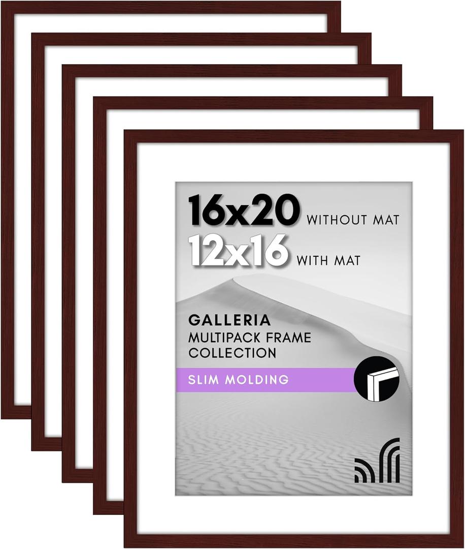 Americanflat 16x20 Picture Frame with Polished Plexiglass - Set of 5 - Use as 12x16 Frame with Mat or Display 16x20 Photo Without Mat - Galleria Collection - Picture Frames for Wall Display - Mahogany