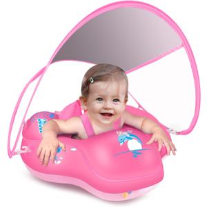 LAYCOL Baby Swimming Float Inflatable Baby Pool Float Ring with Sun Protection Canopy,add Tail no flip Over for Age of 3-36 Months (Large, PINK)