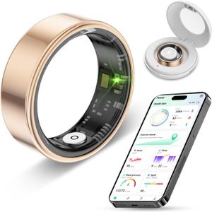 2025 New Smart Ring Health Tracker for Men Women - IP68 Waterproof Fitness Ring with Sleep Tracker/Heart Rate/Blood Oxygen/Steps/Distance/Calories, Air Shutter, Charging case Up to 7-Day, Gold #10