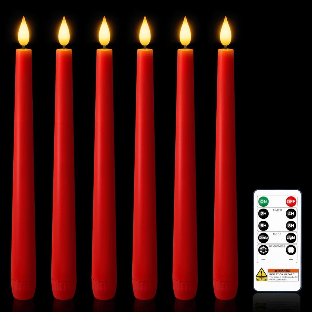 6 Pcs Red Flameless Taper Candles with Remote Timer Dimmer, Plastic Led Taper Candles Realistic, 9.6 Inches Battery Operated Candlesticks Flickering, for Party Holiday Christmas Decor