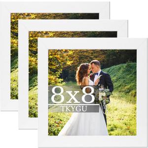 8x8 Picture Frame Set of 3, Made of Real Glass for 8x8 White wood Frames, Wall and Tabletop Display Photo Frame for Gallery Family Wedding Memorial Pic Frame Best Gift
