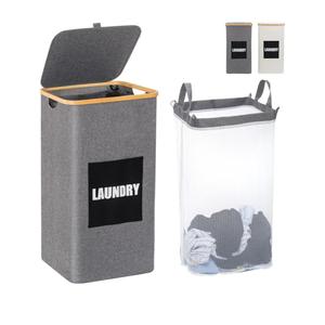 Uross Laundry Hamper with Lid- 100L Large Laundry Basket with Bamboo Handles, Clothes Hamper with Lid for Bedroom, Tall Laundry Hamper Basket with Lid, Big Dirty Clothes Hamper for Laundry, Grey