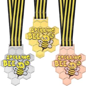 Remuuly 3 Pcs Spelling Bee Honeycomb Medals Gold, Silver, Bronze Spelling Bee Award Medals with Neck Ribbon for Kids Adults Competitions Trophy Party Supplies, 3.2 x 2.8 Inches