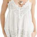 Women Sleeveless Tank Tops Lace Solid Color See Through Spaghetti Strap Cami Shirts V Neck Backless Smocked Tops (Medium, White)