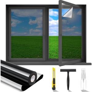 One Way Privacy Window Film 36 Inch x 100 ft Static Cling No Glue Privacy Window Tint Film Heat Control Block UV with a Scraper, a Knife, Empty Nozzle Bottle for Home and Office Windows