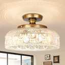 Lamomo Semi Flush Mount Ceiling Light, 3 Light Hallway Light Fixture, 12 Inch Antique Brass Gold Globe Glass Close to Ceiling Scone,Indoor Hanging Lantern for Bedroom Kitchen Porch Hallway
