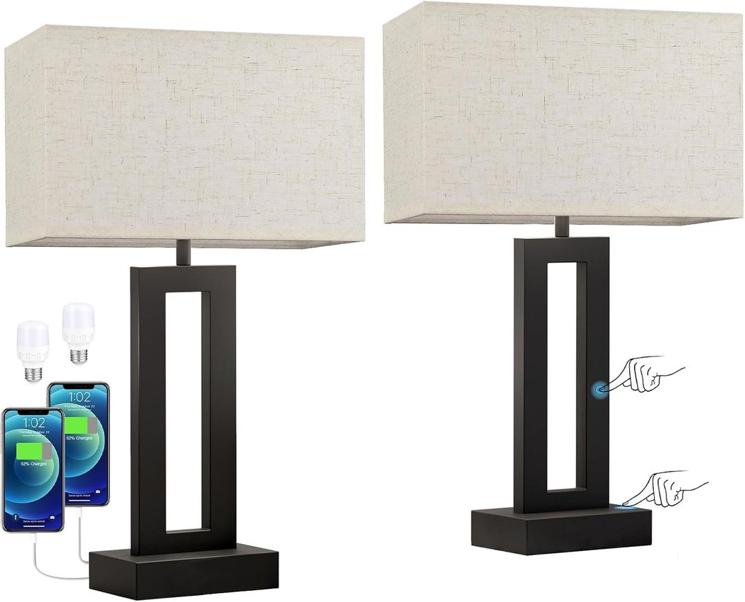Nightstand Table Lamps for Bedrooms Set of 2 - Touch Bedside Lamp with USB C+A, 3 Way Dimmable Living Room Lamps for End Tables Set of 2, Modern Night Stand Lamps for Bed Side Guest Room (Cream) (Medium(19.6in))