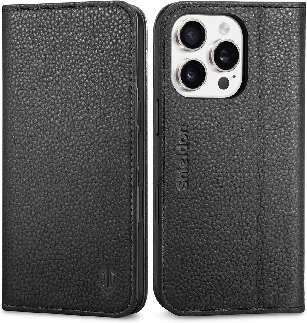 SHIELDON Case for iPhone 16 Pro 5G, Genuine Leather Wallet Flip Magnetic Cover RFID Blocking Card Slots Carry-All with Kickstand Shockproof Case Compatible with iPhone 16 Pro 2024 - Pebbled Black