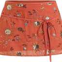 SweatyRocks Women's Sequin Embroidery Y2K Mini Skirts Tie Front Low Waist Boho Summer Skirt (Large, Orange)