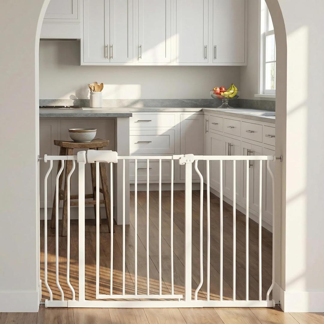Extra Wide Baby Gate 48-53 Inch, Tension Mounted No Drilling, Pressure Mounted Indoor Safety Gate for Stairs & Doorways - Metal Design for Kids and Pets, White