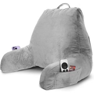 Nestl Reading Pillow with Shredded Memory Foam, Designed for Sitting Up in Bed and Couch, Back and Arms Adjustable Support for Adult & Teens Backrest Pillows for Reading with Washable Cover Light Grey