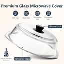 Glass Microwave Splatter Cover for Food Plates & Cookware with Oven Mitts, Borosilicate Glass Splatter Lid Guard with Vent Hole & Easy Grip Silicone Handle, 100% BPA Free & Dishwasher Safe