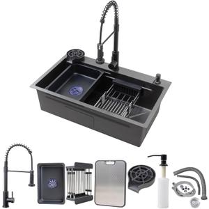 31.5 x 17.7 inch Black Stainless Steel Kitchen Sink with Cup Washer, Single Bowl Kitchen Sinks Workstation with Spring Pull-Down Faucet, Soap Dispenser