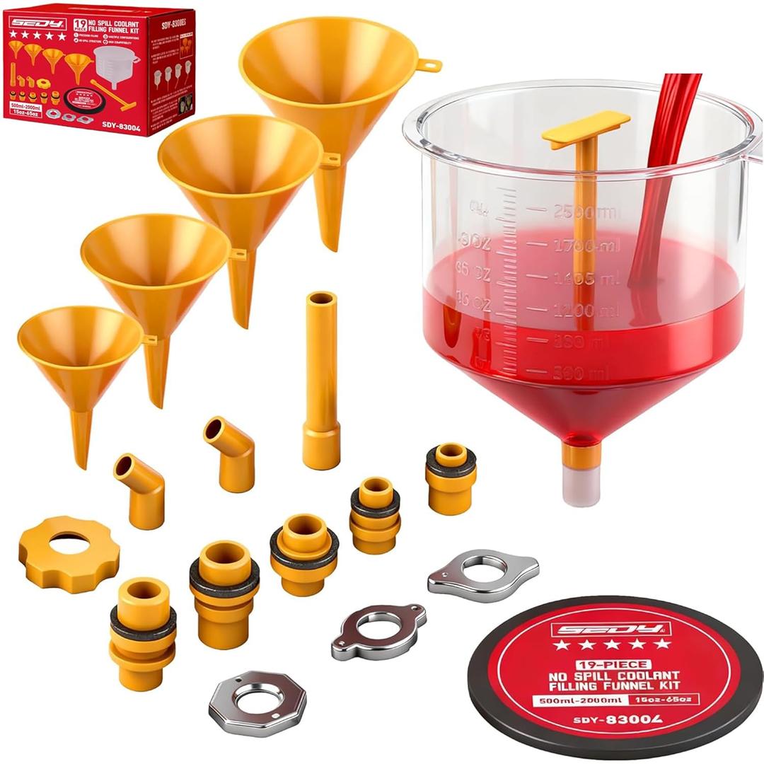 Ultimate No Spill Coolant Funnel Kit - 19-Piece Spill-Free Radiator Funnel Set, Spill Proof Radiator Bleeder Kit, Coolant Filling, Radiator Filler, Extra Funnels and Adapters for Universal Vehicle (19 PCS - Classic Edition)
