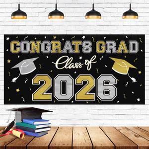5 x 2026 Graduation Party Plastic Backdrop - 65" x 32.7" Congrats Grad Banner in Black, Large Class of 2026 Decorations, Photography & Grad Party Supplies