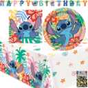 Lilo and Stitch Party Supplies Set for 32 Guests, Birthday Decorations with Plates, Napkins, Tablecovers, Banner, Confetti, Hawaiian Tropical Theme