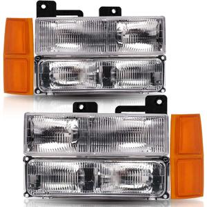 Headlights+Bumper Turn Signal Lamps+Amber Corner Side Marker Lights Compatible with 1994 1995 1996 1997 1998 1999 Chevy C/K Suburban 1500 2500 3500 Chrome Housing OE Style