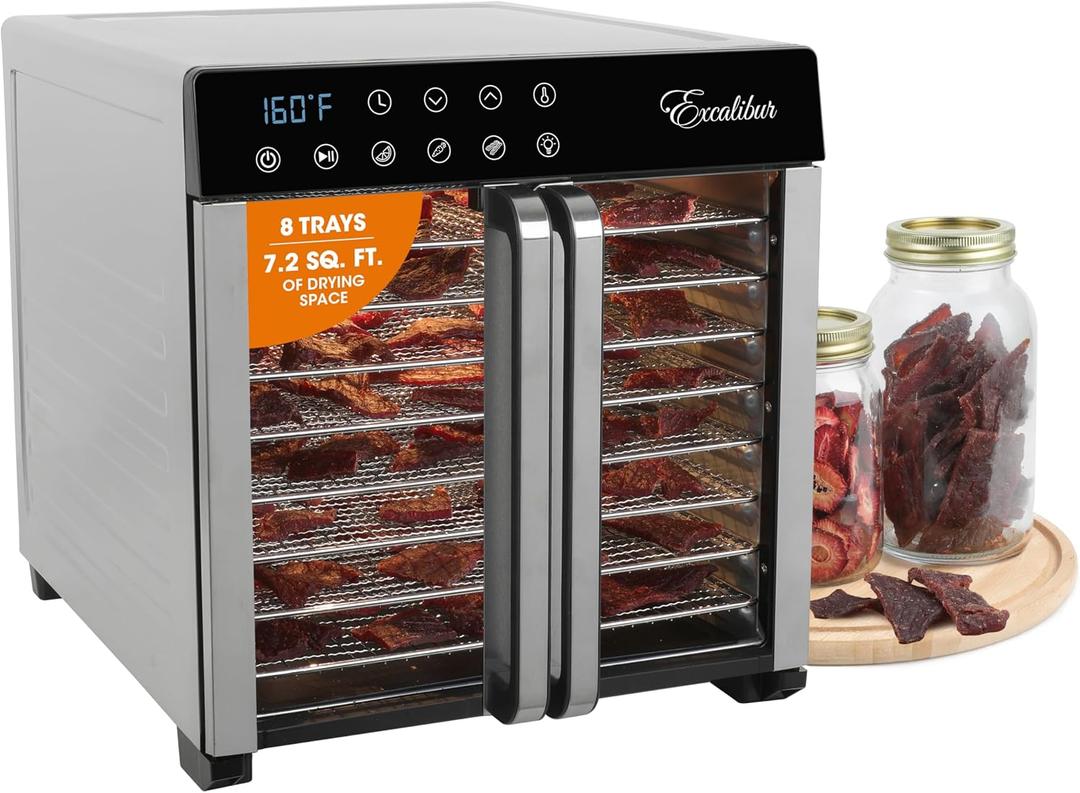 Excalibur Food Dehydrator 8-Tray for Jerky, Fruit, Vegetables, Herbs, Pet Treats, 7.2 Cu Ft Drying Space with Adjustable Temperature Control and 80 hour digital timer, 8-Tray, Stainless Steel