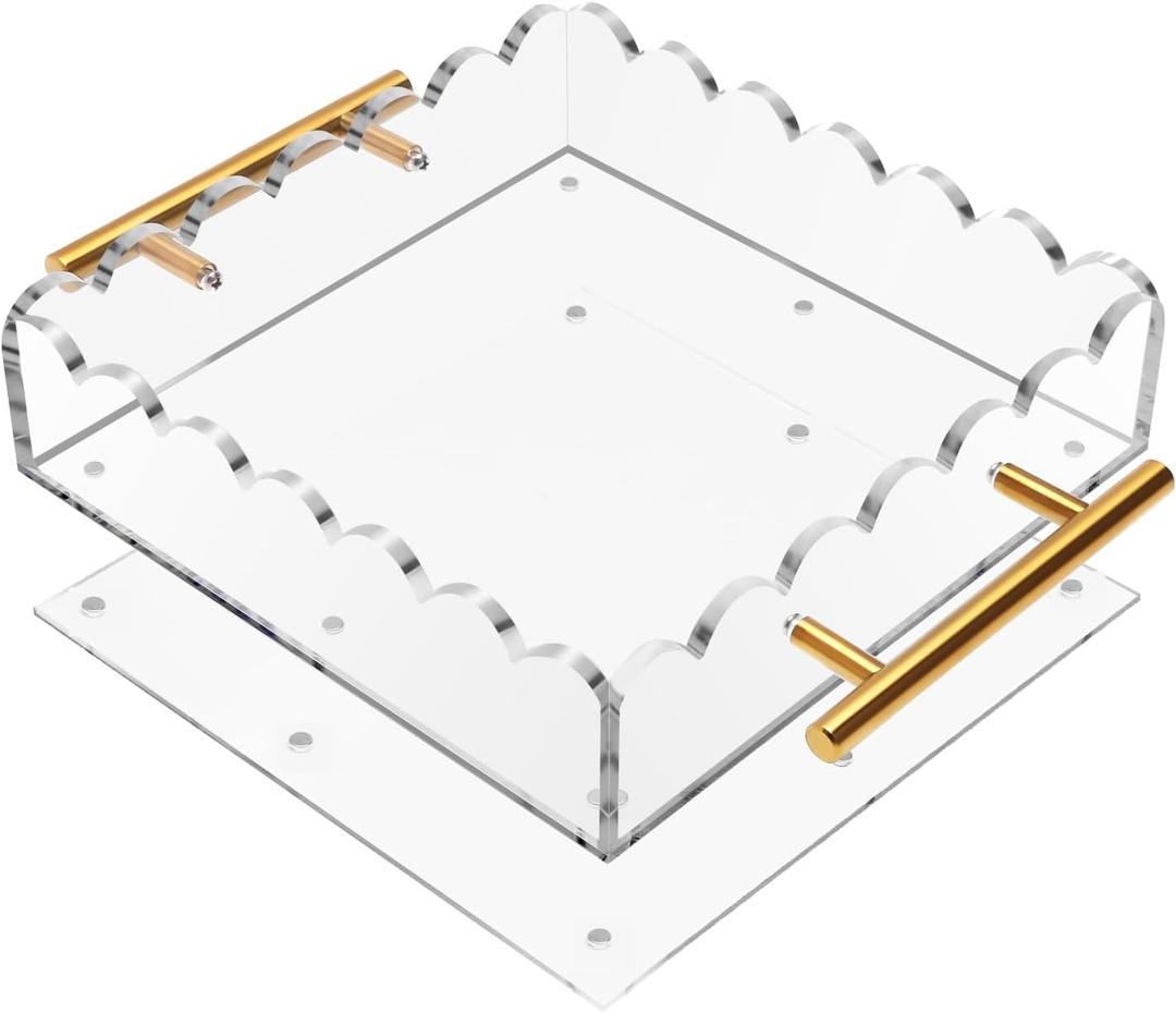 Acrylic Scalloped Tray 8'' X 8'' Acrylic Tray with Magnetic Mat and Handles for Customizable Picture, Scalloped Tray for Bathroom Kitchen Living Room Decor Vanity Perfume