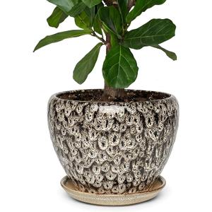 11 Inch Ceramic Plant Pot with Drainage Hole Mesh Net, Large Gardening Pots for Indoor Plants with Saucer, Speckle White