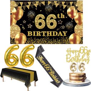 66th Birthday Decorations Men Women with 66th Birthday Banner, Black and Gold Table Cloth, Number Balloons, Sash, Cake Topper and Candles