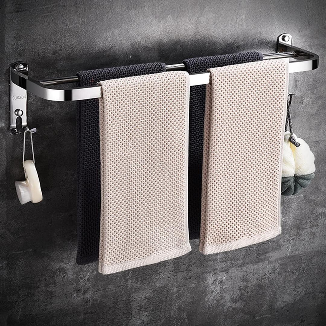 IKITCHEN Towel Racks for Bathroom, Stainless Steel Towel Holder Wall Mounted with 2 Hooks, Bathroom Shelf with Towel Bar 23Inch Polished Silver (Towel Bar With 2 Hooks)