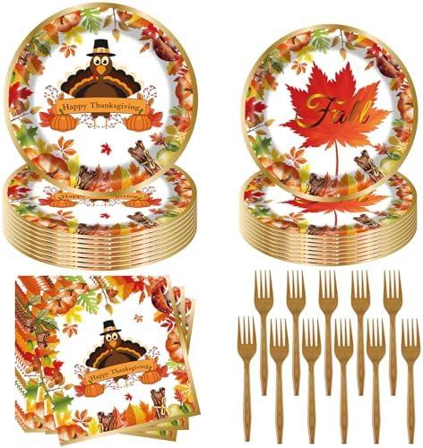 Fall Thanksgiving Party Supplies 96 Pcs Thanksgiving Paper Plates and Napkins Forks Pumpkin Turkey Autumn Disposable Tableware Set for Fall Harvest Party Decorations