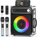 JYX Karaoke Machine with Two Wireless Microphones, Portable Bluetooth Speaker with Bass/Treble Adjustment, PA System with Remote Control, LED Lights,Supports TF Card/USB/AUX/TWS