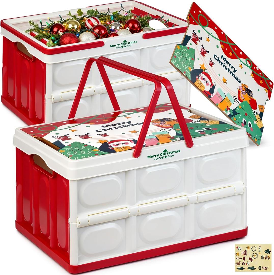 Storage Box 50L 2 Pack, Foldable Storage Box with Wood Lid & Handles, Includes Christmas Stickers for DIY, Multifunctional Wood Top for Holiday Decor, Gift & Christmas Home Organization