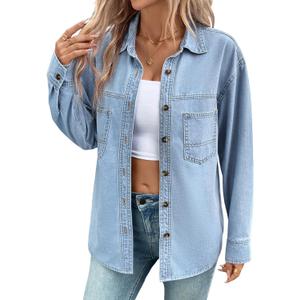 Sidefeel Women Denim Shirts Oversized Long Sleeve Button Down Blouse V Neck Casual Top Shackets (Large, Sky Blue)