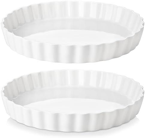LOVECASA Porcelain Pie Pan Quiche Baking Dish,10 Inch Non-Stick Round Pie Dish Quiche Pan,Tart Pan with Ruffled Edge,Pie Plate for Apple, Quiche, Pot Pies, Tart,Set of 2, White