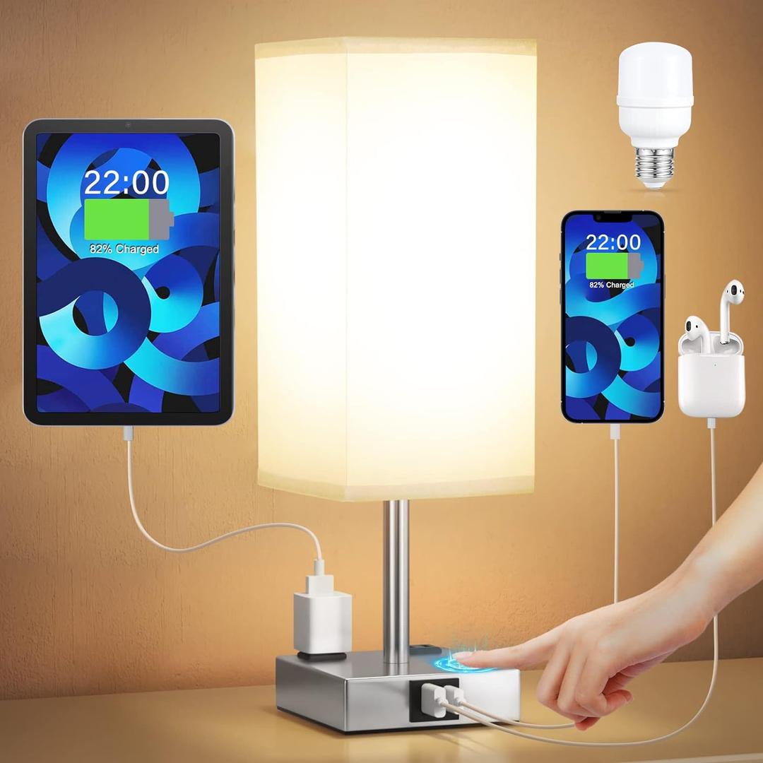 Upgraded Bedside Table Lamp Touch Control, with USB C+A Charging Ports & Dual AC Outlets, 3-Way Nightstand Lamp for Bedroom with LampShade Living Room Office(LED Dimmable Bulb Included)