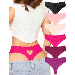 Womens Seamless Thongs Underwear No Show Thong Wave-waisted Invisible Panties Comfy Heart Cutout for Ladies 6 Pack (Large)