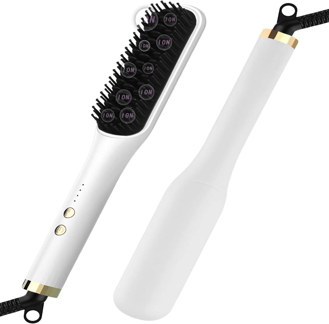 SXAI Hair Straightener Brush for Women, SXAI Straightening Comb for Ceramic Heating, Negative Ion, Dual Voltage, 2 in 1 Straight Comb and Flat Iron White