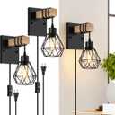 Lomoky Plug in Wall Sconces Set of Two, Vintage Wood Wall Lamps with Plug in Cord, Farmhouse Wall Light Fixture with 5.25FT On/Off Switch Cord, Indoor Sconces Lighting for Bedroom Living Room