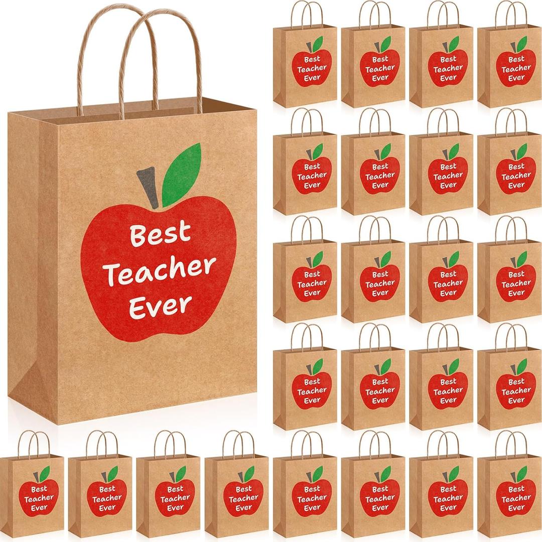 Kolldenn 24 Pcs Teacher Appreciation Gift Bags Bulk, Best Teacher Ever Apple Kraft Paper Bags with Handles, Thank You Gift Bag for Teachers Appreciation Week, End of Year, Graduation Party Favors
