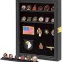 Verani Medals Display Case - Military Challenge Coin Display Shadow Box - Pin Display Cabinet with Removable Shelves and Pinnable Background for Badges Ribbons Insignia Buttons Small Black