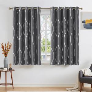 NICETOWN Grey Patterned Blackout 54 inch Long Curtain for Cafe, 66 x 54 inch, Short Thermal Insulated Wave Line Foil Print Design Drapes for Cloest and RV, 2 Panels