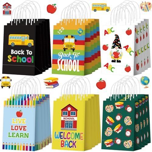 Kolldenn 72 Pcs Welcome Back to School Gift Goodie Bags with Handles First Day of School Party Favors Bags Paper Book Pencil Bus Gnome Candy Treat Pouch for Classroom Party Decorations Supplies( 3 pack)