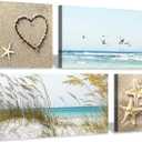 Coastal Wall Art Seascape Artwork: Sea Grass and Starfish on Beach Canvas Painting for Living Room (16'' x 16'' x 2 Panels + 32'' x 16'' x 2 Panels)