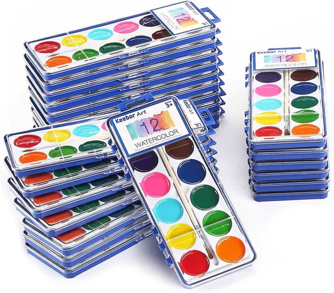 Watercolor Paint Set for Kids, 12 Colors, 24 Pack Washable Water Colors for Party Favors, Gifts, Classroom Supplies (Wood Brushes Included)