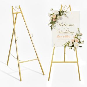 GRENTY 57.5" Gold Easel Stand for Wedding Sign  4 Adjustable Height Levels, Assembly Required, Heavy Duty Metal Display Stand for Art, Welcome Signs, Posters, Pictures, Paintings, and Floor Dcor