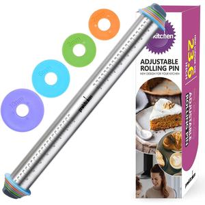 Adjustable Rolling Pin with Thickness Rings for Baking, Adjustable Stainless Steel Designs Dough Roller Pins for Cookie Decorating & Dough Pizza Pie Adjustabl Long Rolling Pin 23.6 Inch (B.23.6 Inch, Stainless Steel)