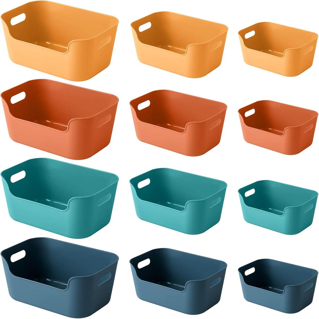 OWill 12-Pack Mixed Plastic Storage Bins and Baskets for Efficient Home Classroom Organization - Small Containers in Multiple Colors for Kitchen, Cupboard Box, Bathroom Organizer on Shelves and Tubs