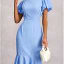Women's Puff Short Sleeve Dress Crew Neck Ruffle Hem Going Out Knee Length Dresses (Blue, L)