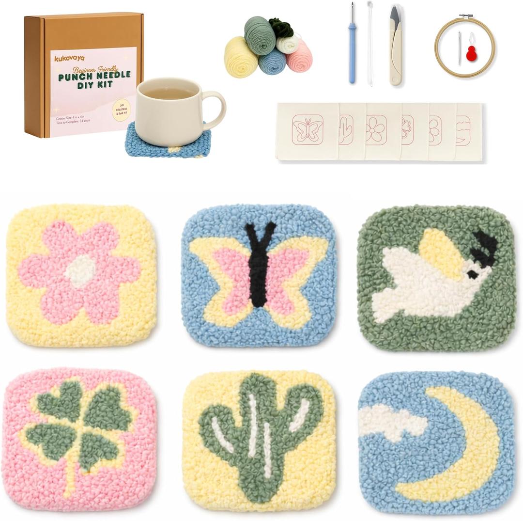 Kukovaya Punch Needle Kit for Beginners & Adults Complete DIY Embroidery 6-Coaster Kit with Printed Fabric, Yarn, Needle, Hoop & Guide Easy Craft Kit for Home Dcor, Gifts & Stress Relief