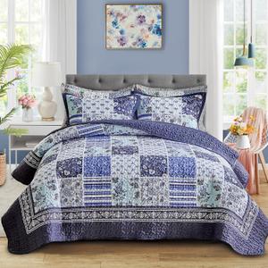 Patchwork Quilt Set Queen Size,3 Pieces Navy Blue White Floral Plaid Reversible American Country Bedspread Coverlet Set for All Season,Summer Soft Colorful Flowers Botanical Microfiber Bedding Set